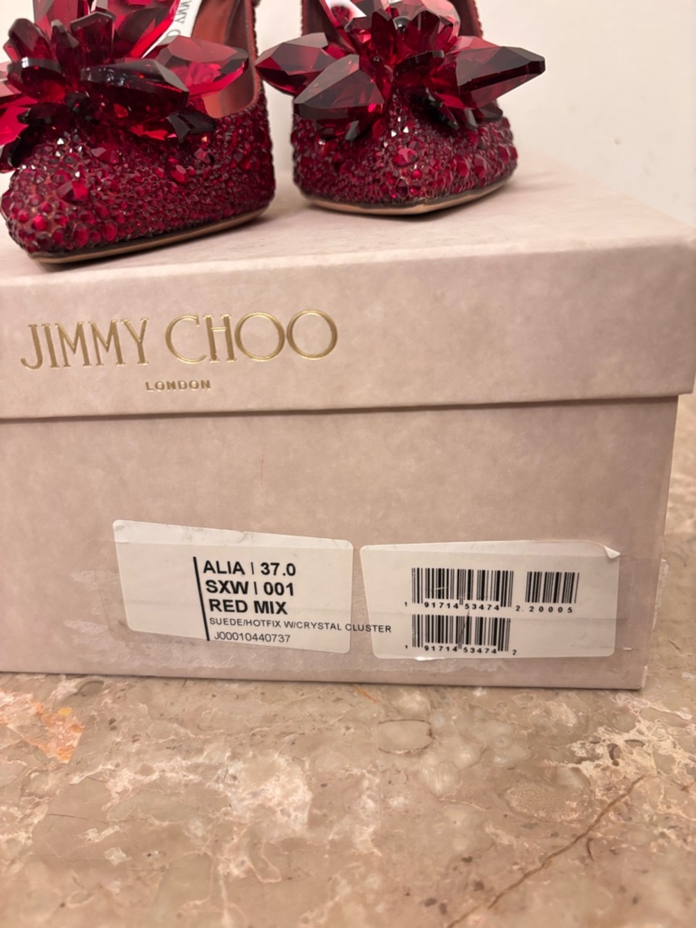 Jimmy Choo Alia 37 Red Crystal-Embellished Pointed Stiletto Pumps - Picture 9 of 9